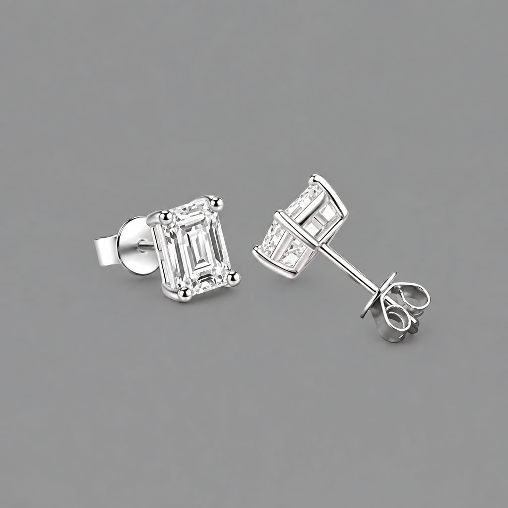 Emerald Cut Moissanite Stud Earrings in 925 Sterling Silver