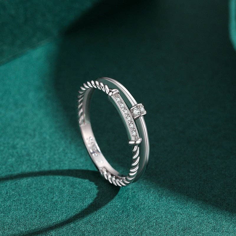 Double Band Twisted Rope Pave Ring in 925 Sterling Silver