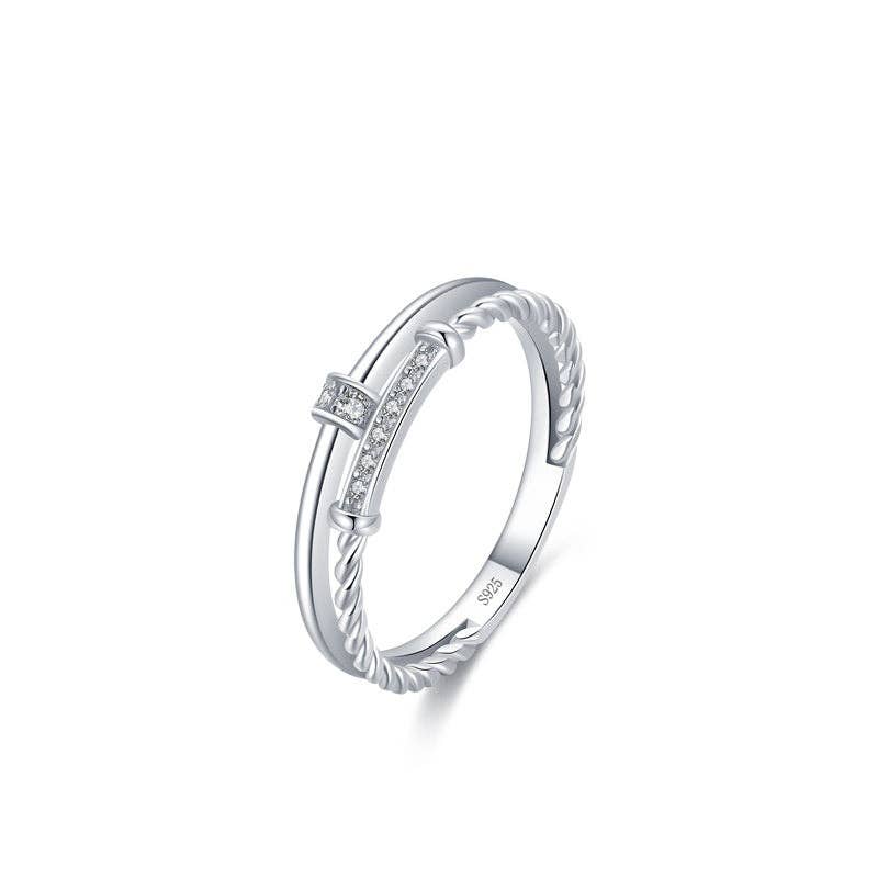 Double Band Twisted Rope Pave Ring in 925 Sterling Silver