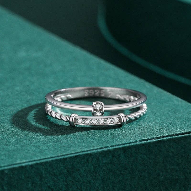 Double Band Twisted Rope Pave Ring in 925 Sterling Silver
