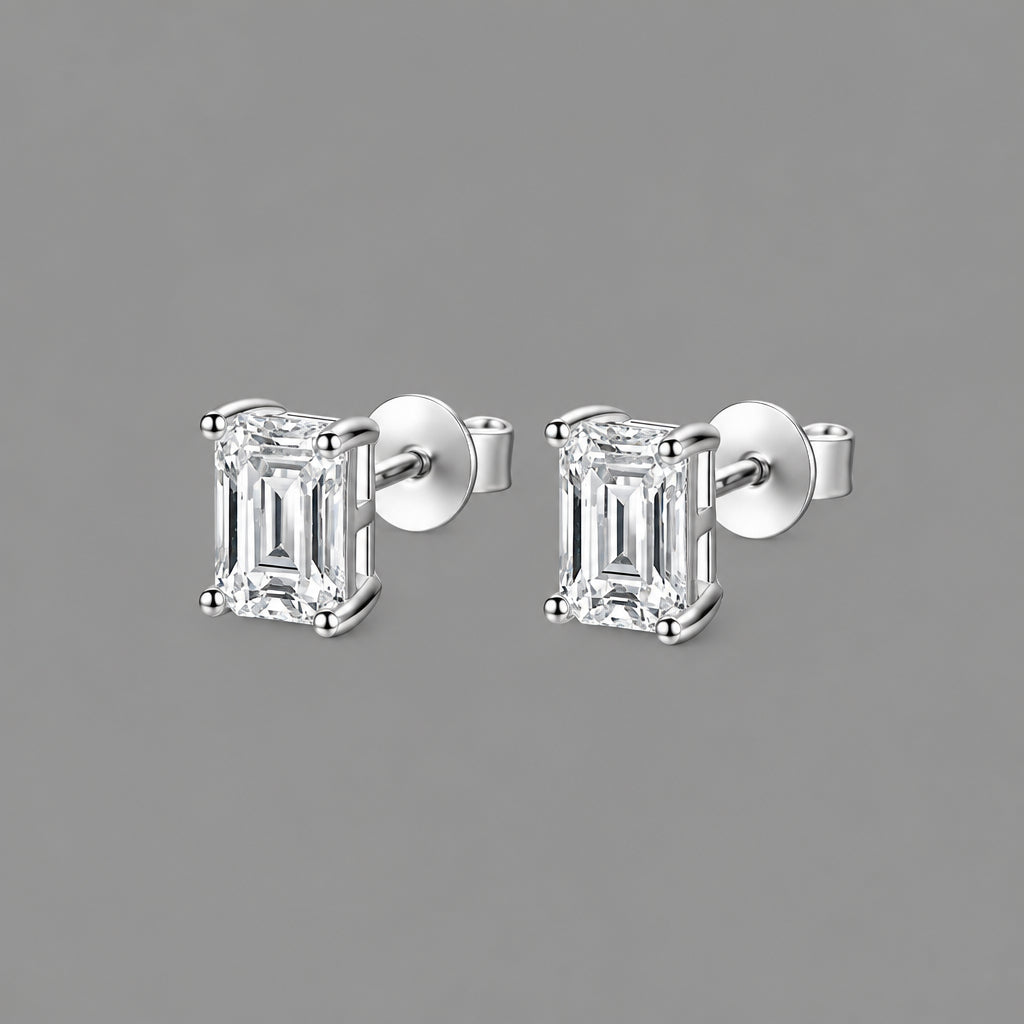 Emerald Cut Moissanite Stud Earrings in 925 Sterling Silver