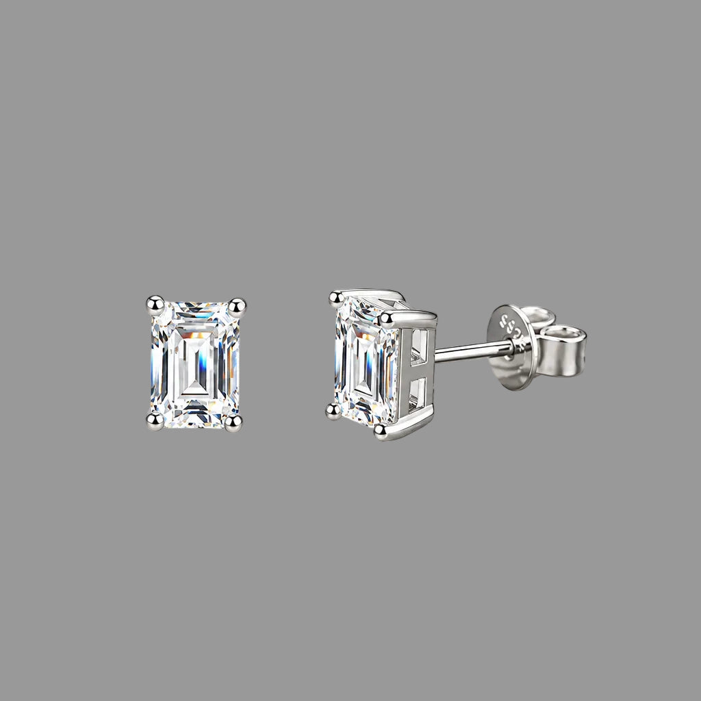 Emerald Cut Moissanite Stud Earrings in 925 Sterling Silver